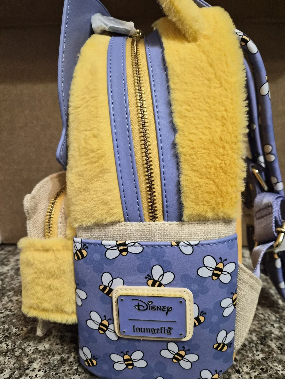 Loungefly Disney Yellow Winnie the Pooh Plush Backpack with Blue Bee Sleep Cap - Picture 2 of 4